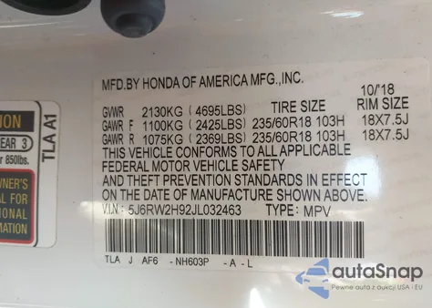 2018 Honda Cr-V Touring z USA, uszkodzony, nr VIN 5J6RW2H92JL032463